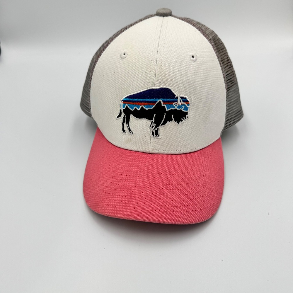 Patagonia Bison Logo Trucker Hat Pink Grey White Mesh Snapback Cap